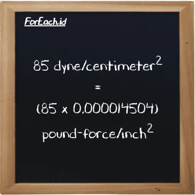 85 dyne/centimeter<sup>2</sup> is equivalent to 0.0012328 pound-force/inch<sup>2</sup> (85 dyn/cm<sup>2</sup> is equivalent to 0.0012328 lbf/in<sup>2</sup>)